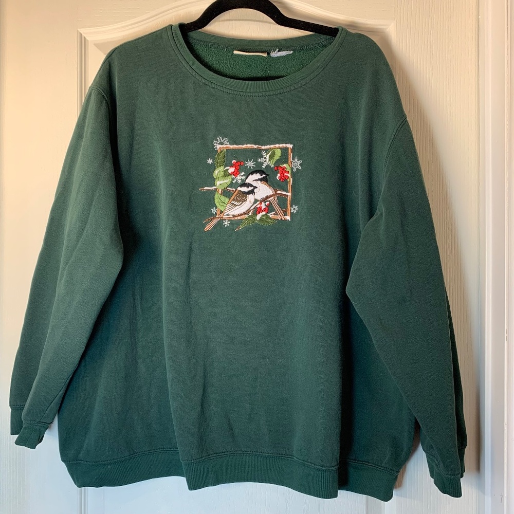 Vintage Penmans Plus Forest Green Embroidered Birds Cotton‎ Sweatshirt Canada XL